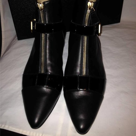 CHANEL 13A Black Leather Patent Pointed Buckled Ankle Bootie Boots Shoes - Picture 4 of 12